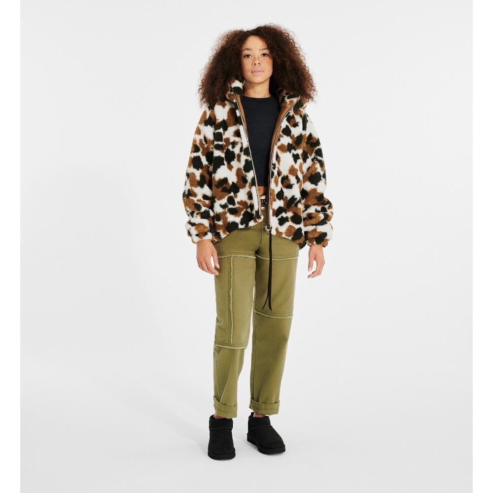 UGG Olympia Sherpa Jacket Chestnut Cow Print-Size S/M